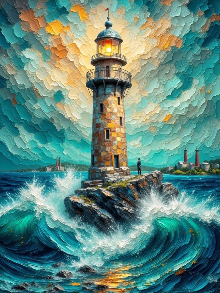 Lighthouse in Turquoise Water: Impasto Painting