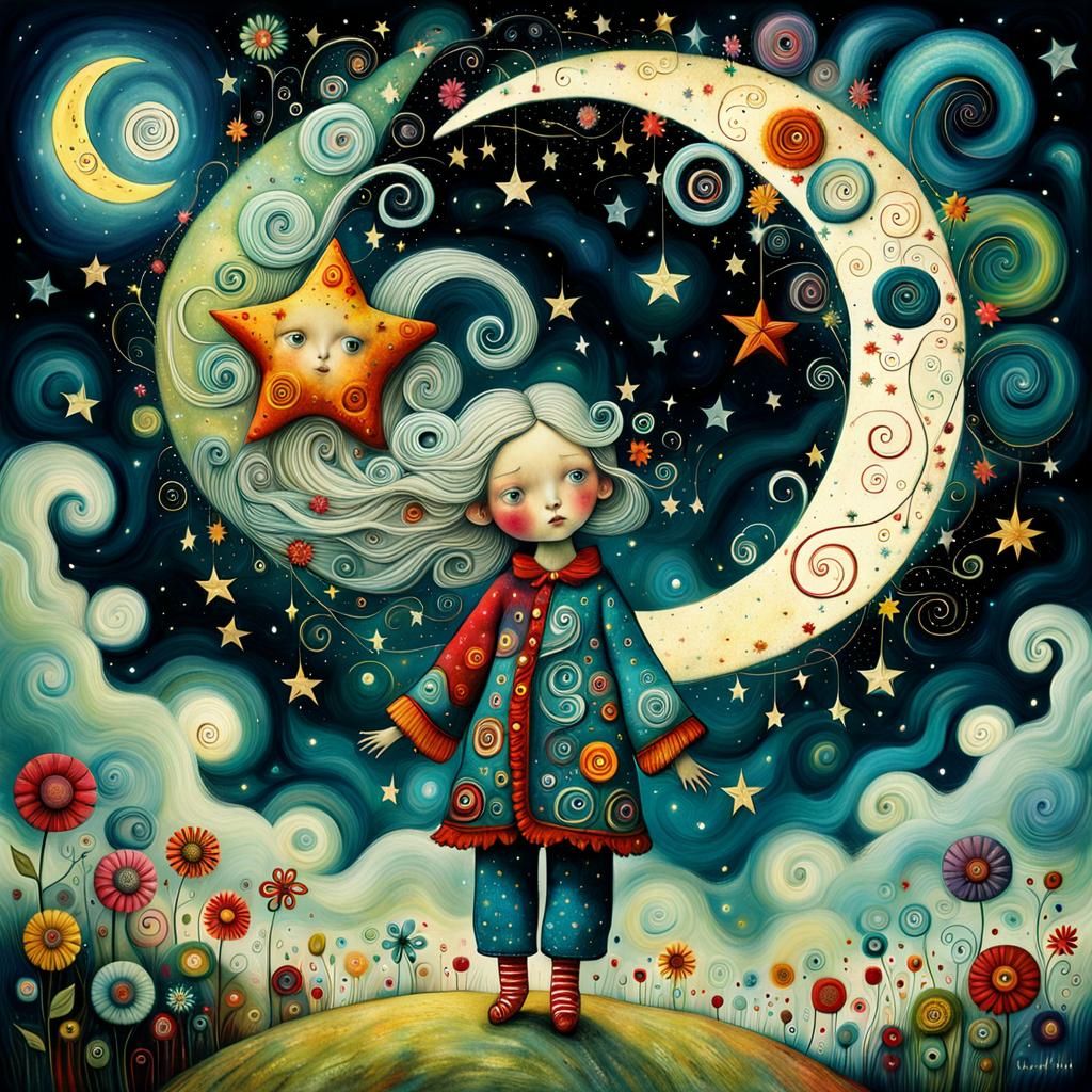 Surreal Toddler Among Falling Stars, Lowbrow Illustration