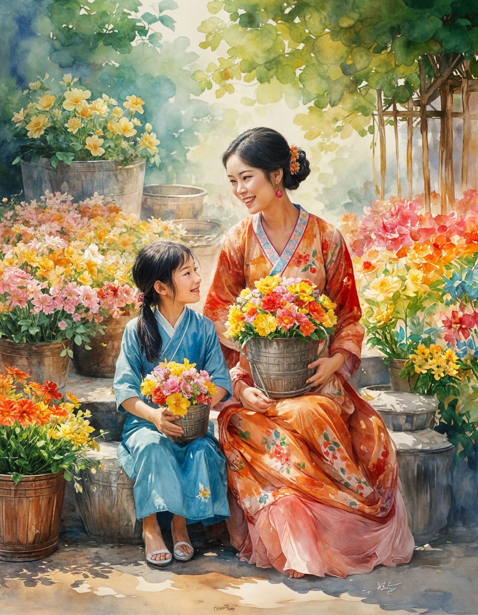 Mother and Daughter Celebrate Tet in Vibrant Watercolour