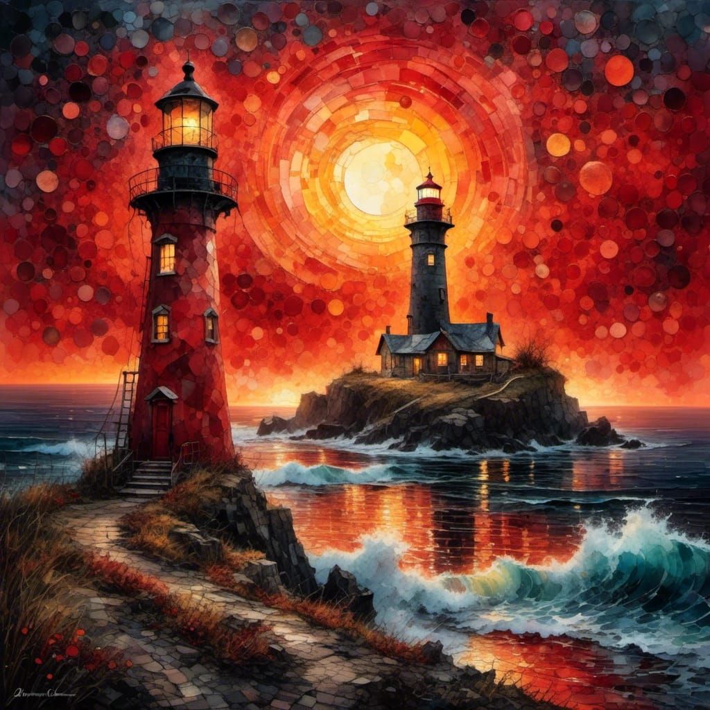 Lighthouse at Sunset with Ethereal Red Moon