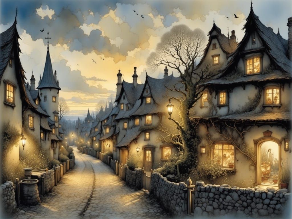 Medieval Village Under Starry Evening Skies