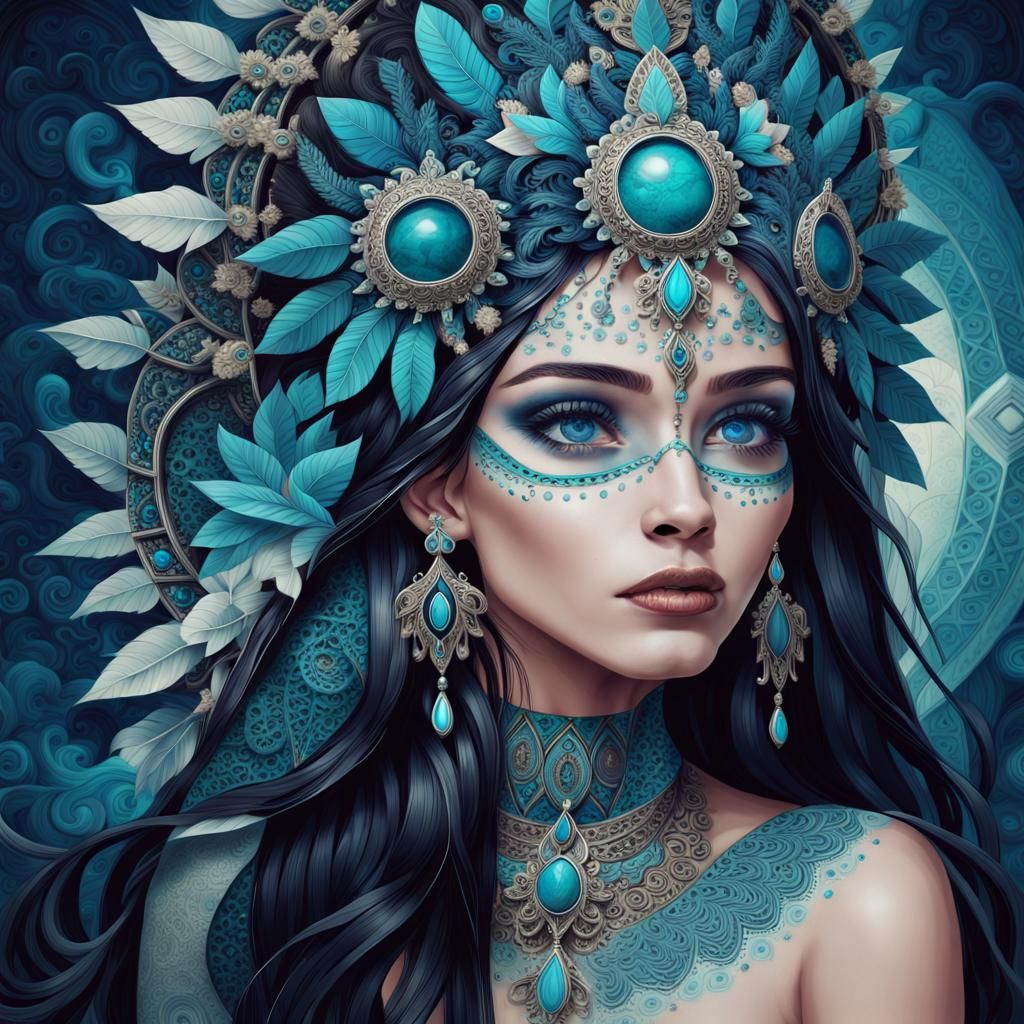 Ethereal Woman in Blue Hues with Turquoise Gems