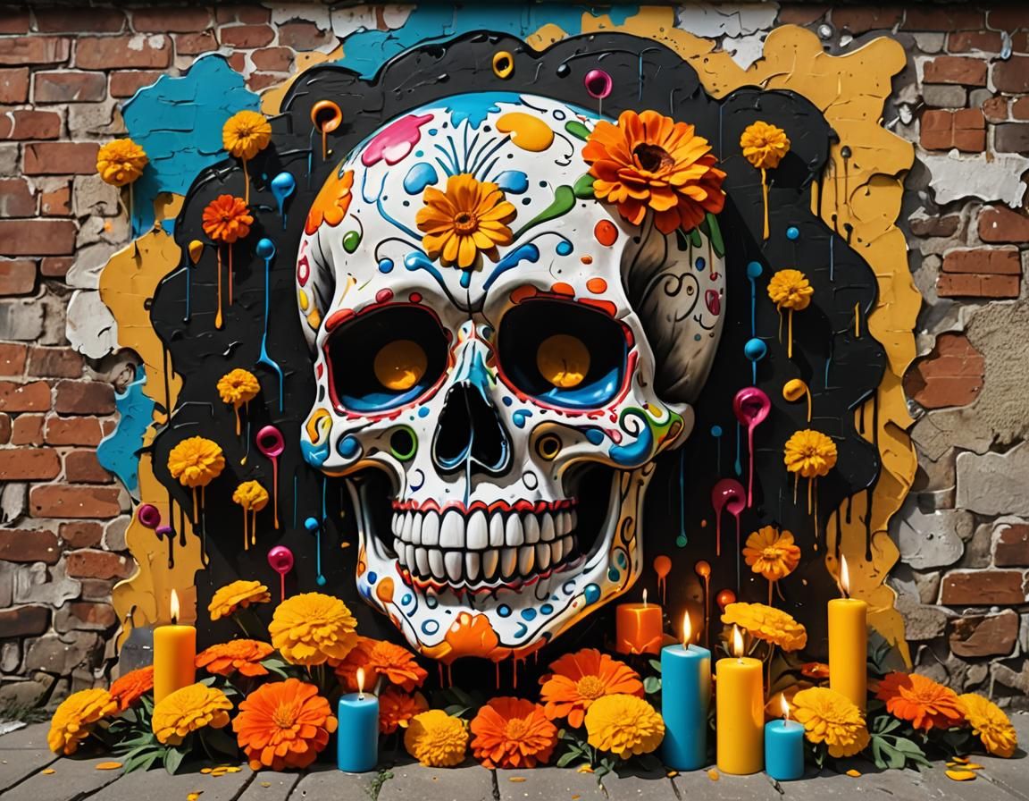 Colorful Sugar Skull Graffiti Art in Polychromatic Colors