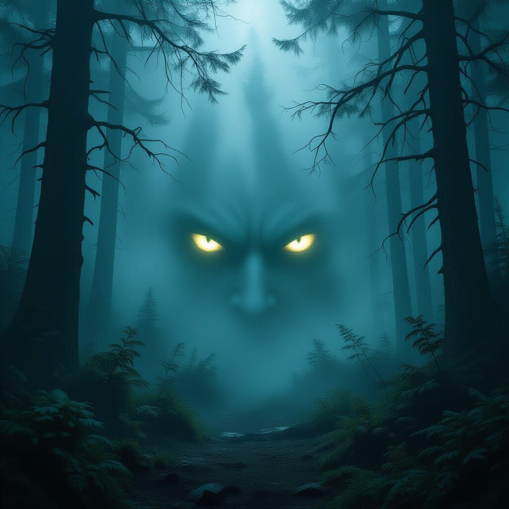 Eerie Glowing Eyes in a Deep Foggy Forest