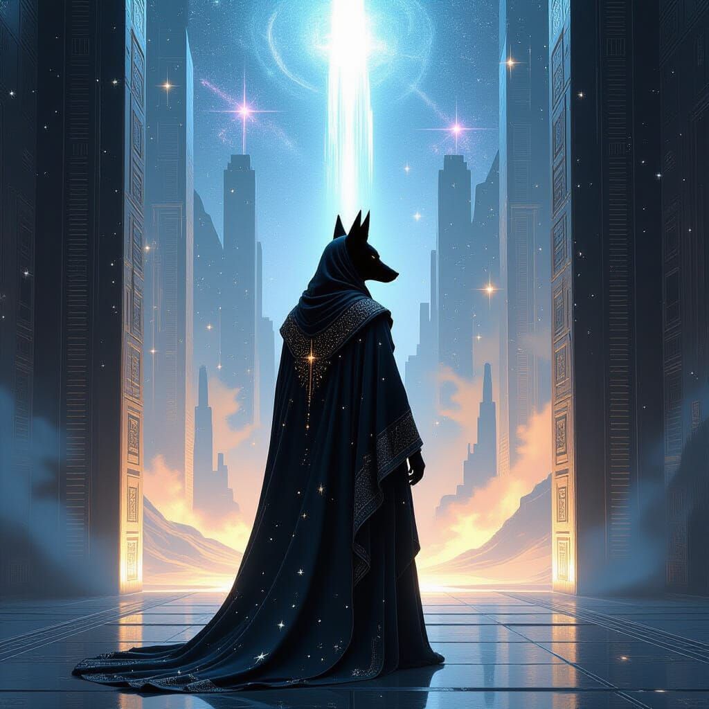 Anubis: Guardian of Celestial City in Surreal Style