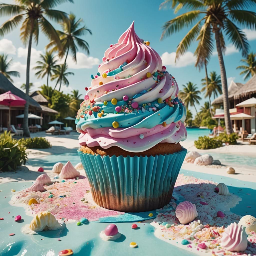 Giant Cupcake on Maldives Beach in Pop Art Style
