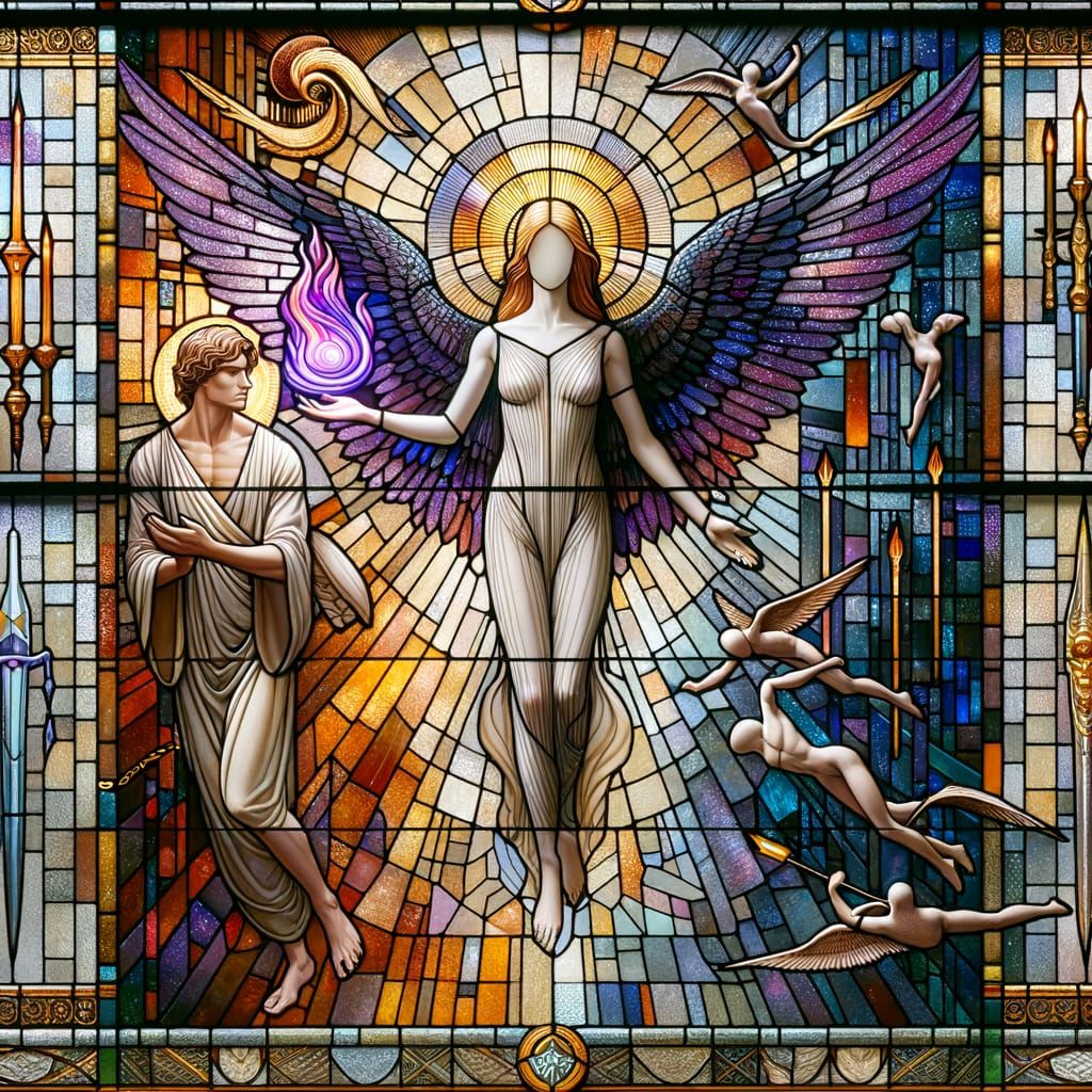 Stained Glass Angel with Weapons of Light
