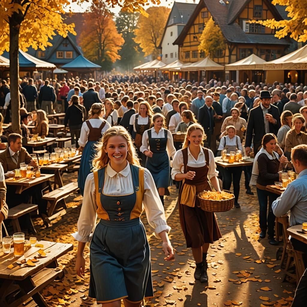 Oktoberfest Waitress in Impressionist Autumn Beer Garden