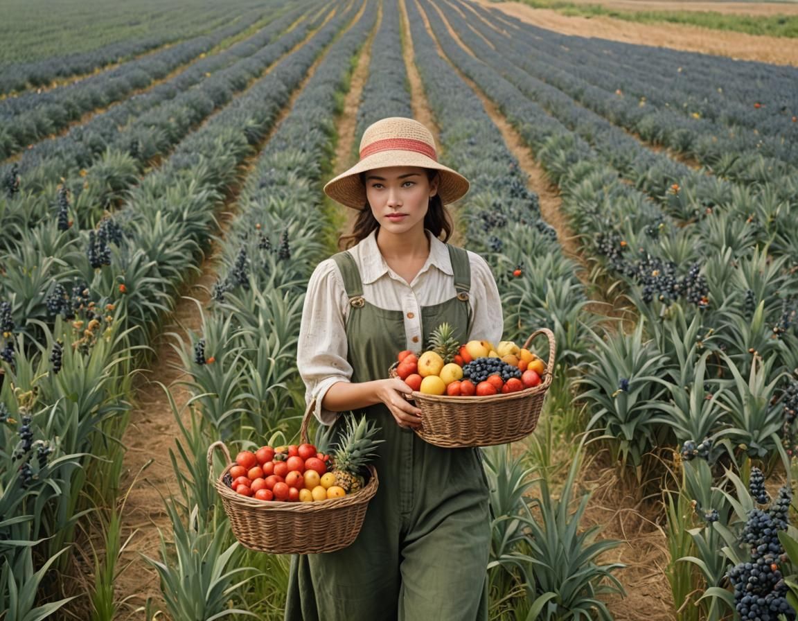 Woman with Fruit Basket in Flax Field