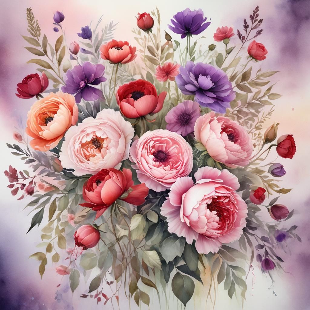Watercolor Bouquet of Roses, Poppies, and Peonies