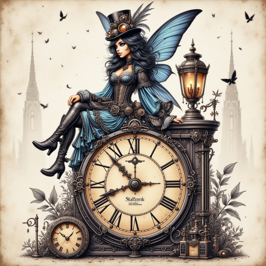Steampunk Fairy on Detailed Clock in Watercolor Sketch