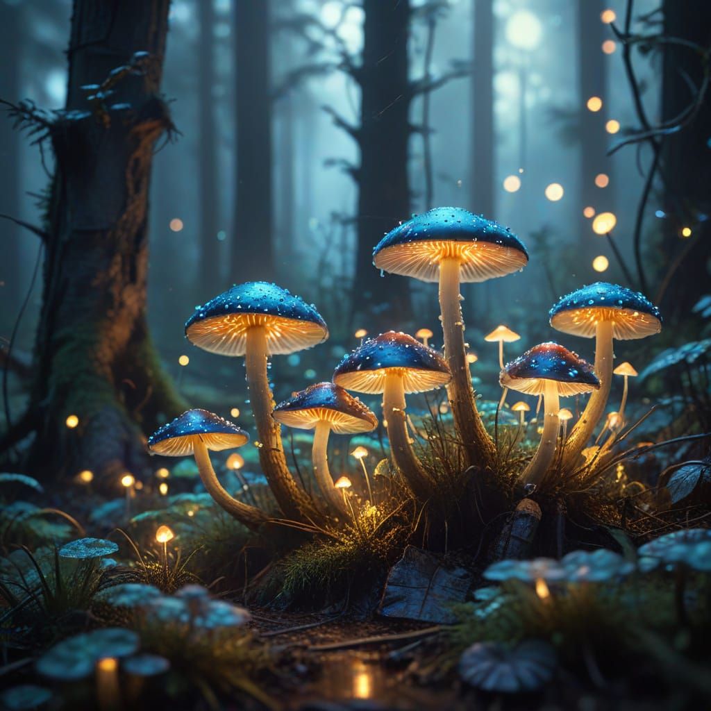 Whimsical Bioluminescent Mushrooms in a Dreamy Watercolor Fo...