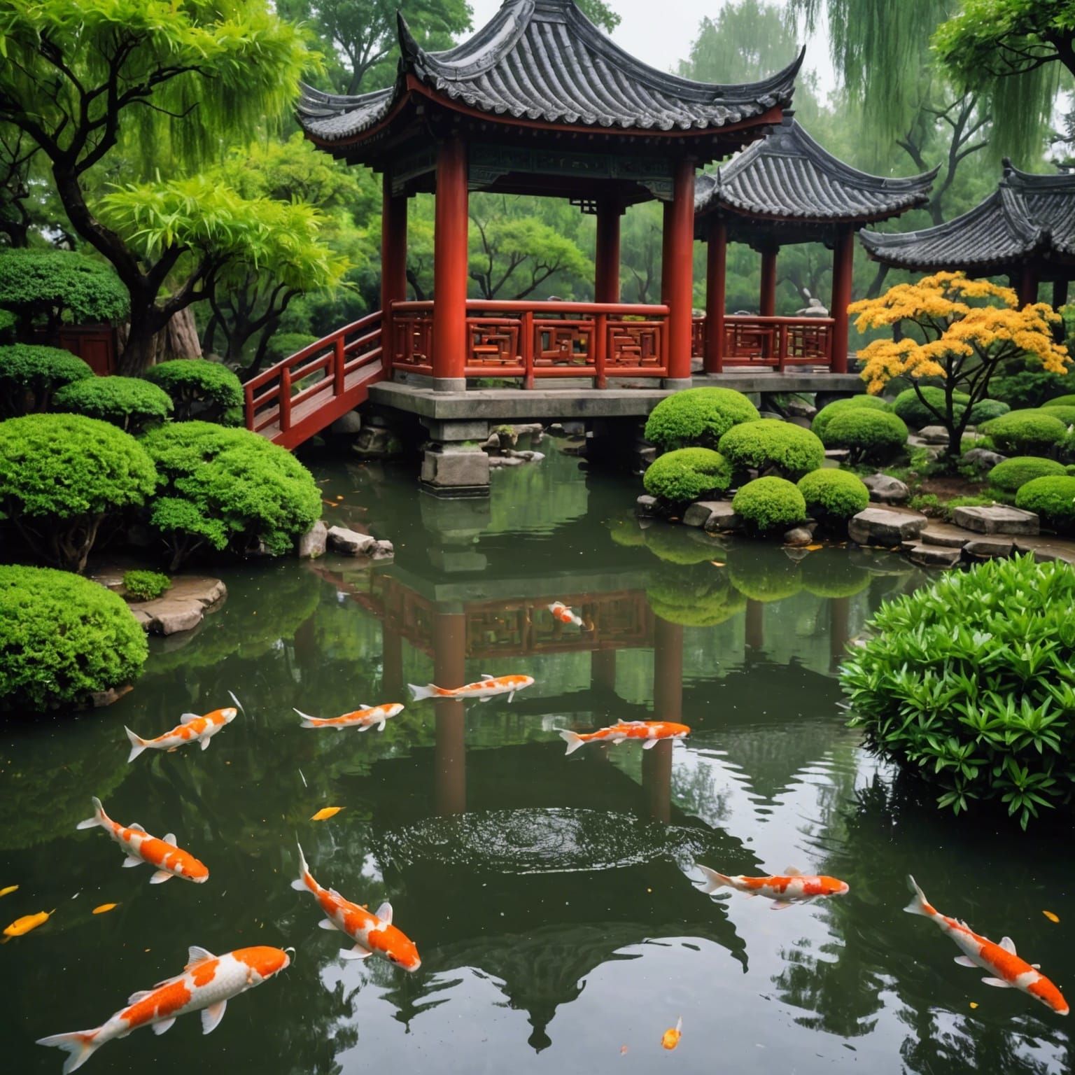 Rain Splashes in a Chinese Koi Pond