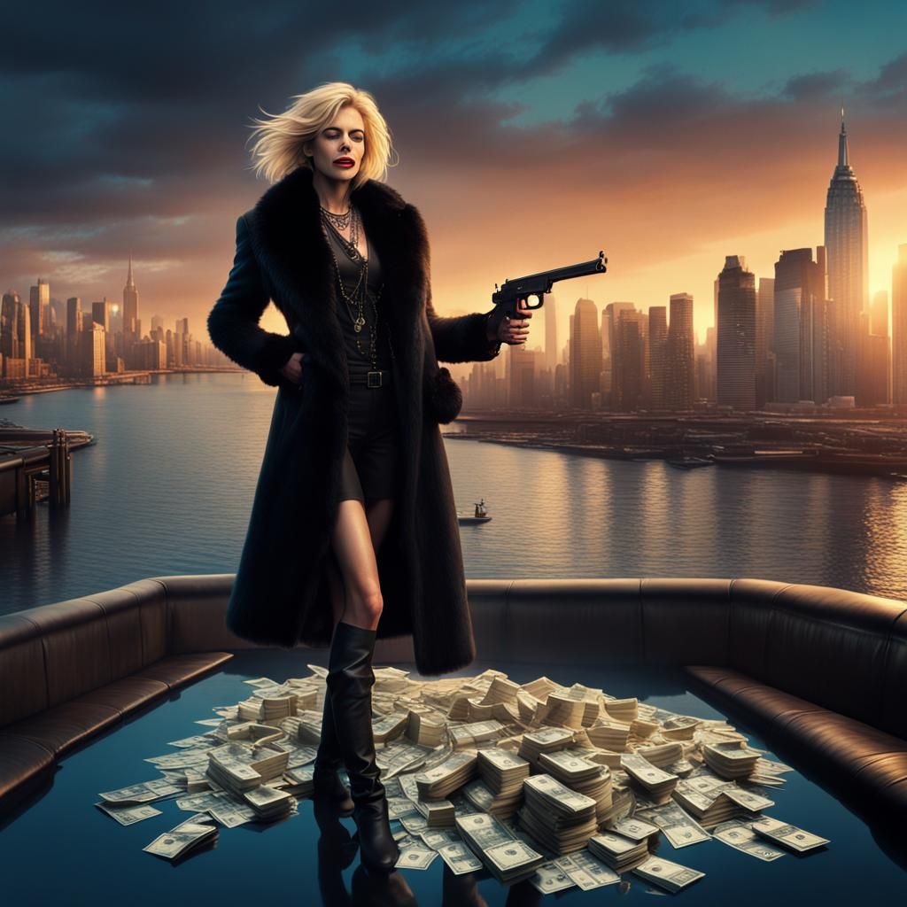 City Sunset: Woman with Gun in Digital Painting