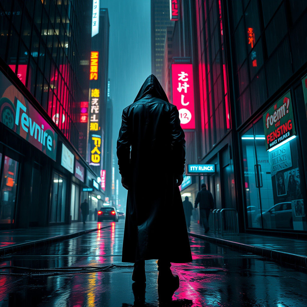 Cyberpunk Net Runner in Rain-Soaked Alleyway