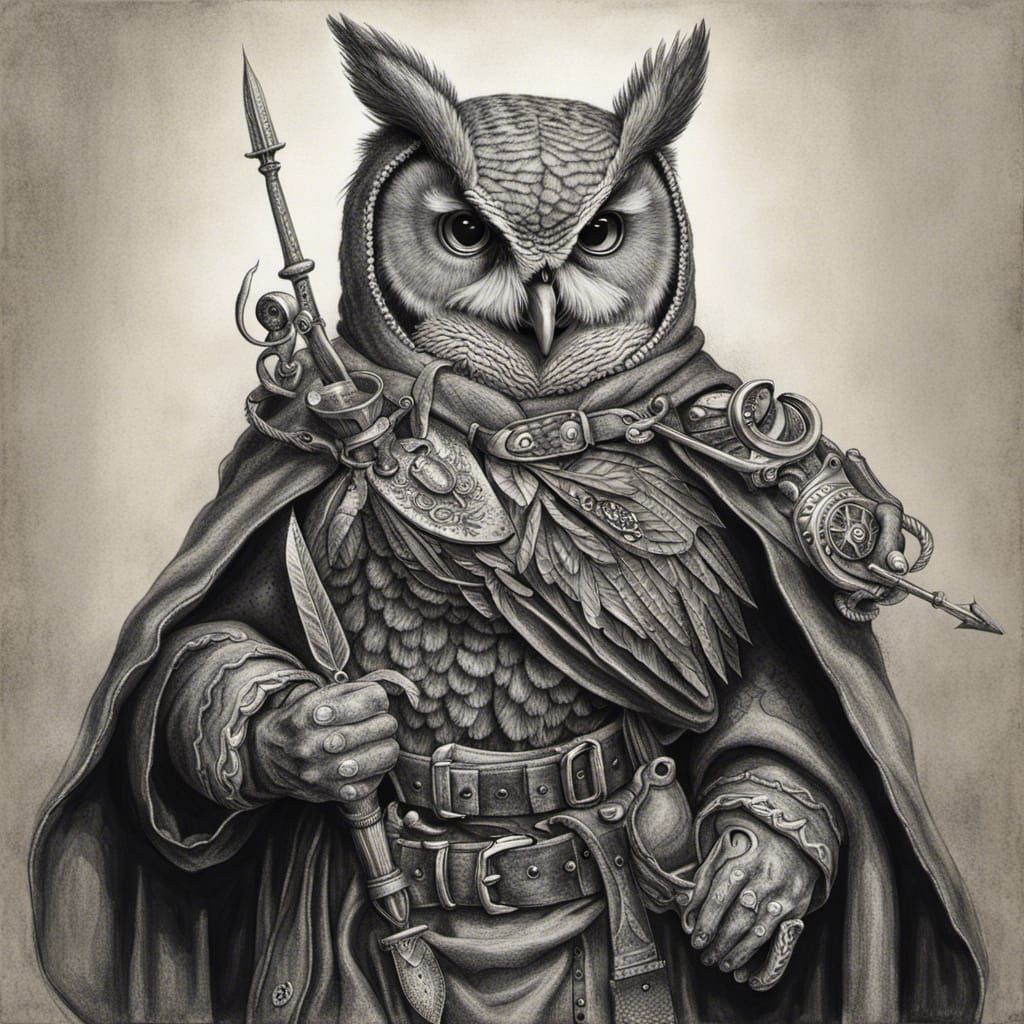 Hyperdetailed Charcoal Drawing of Humanoid Owl Thief