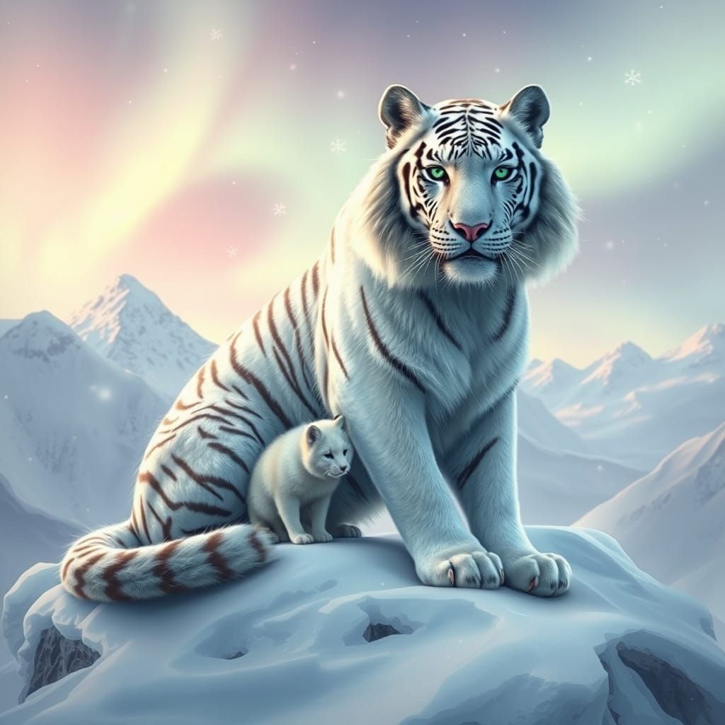 Majestic White Tiger on Ice Mountain with Snow Fox