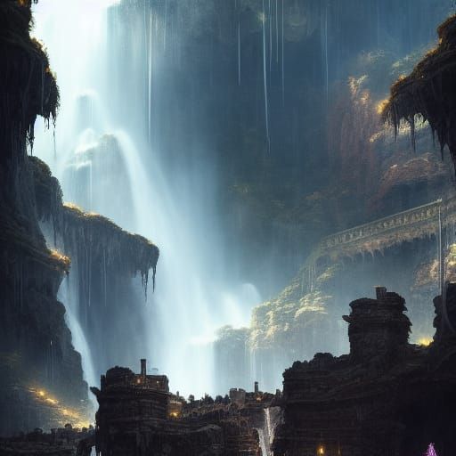 Lush Underground Mayan City with Waterfall, Dark Fantasy