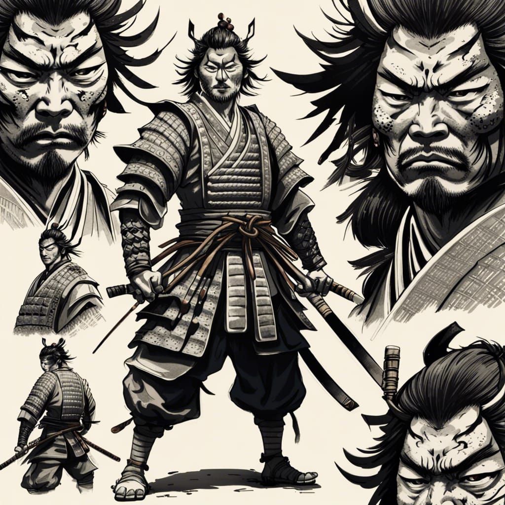 Bold Samurai Character Sheet in Japanese Art Style