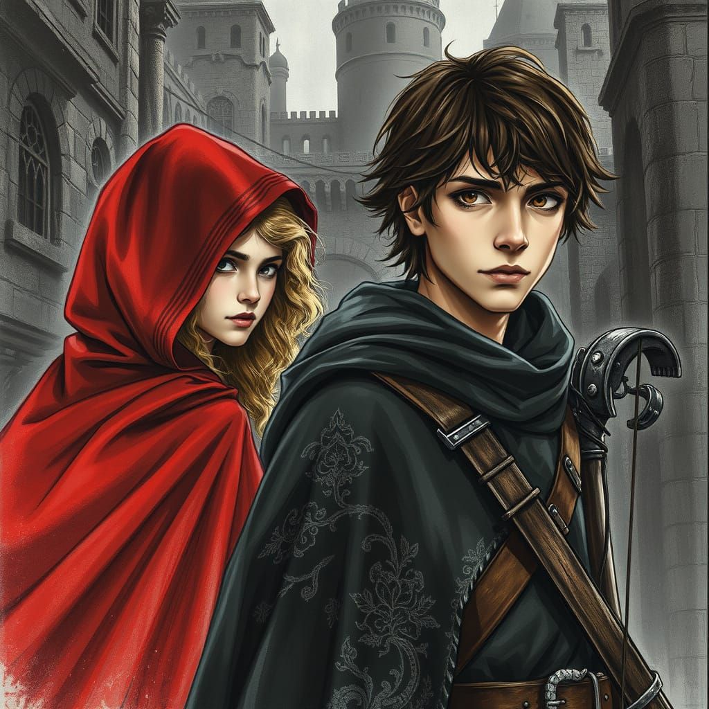 Medieval Hunter and Red Riding Hood Charcoal Drawing