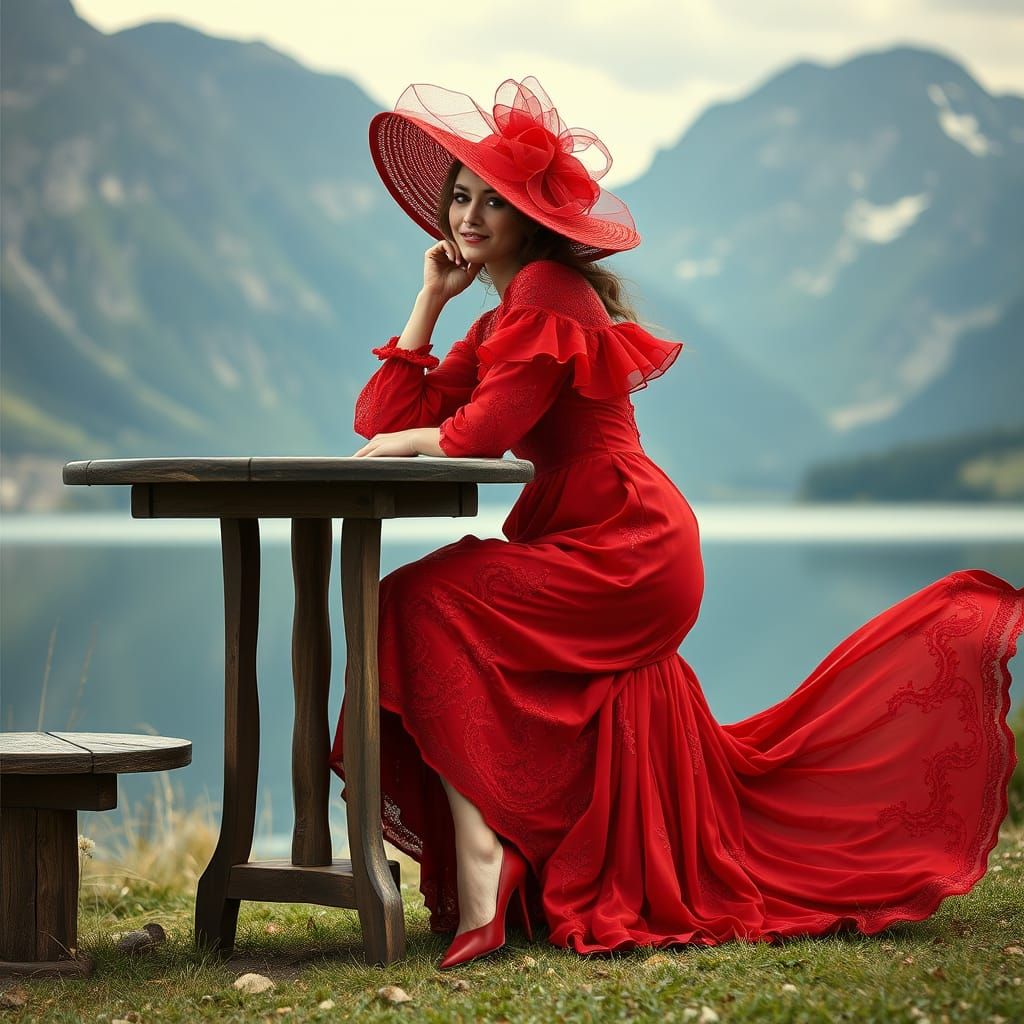 Elegant Woman in Crimson Dress by Serene Lake