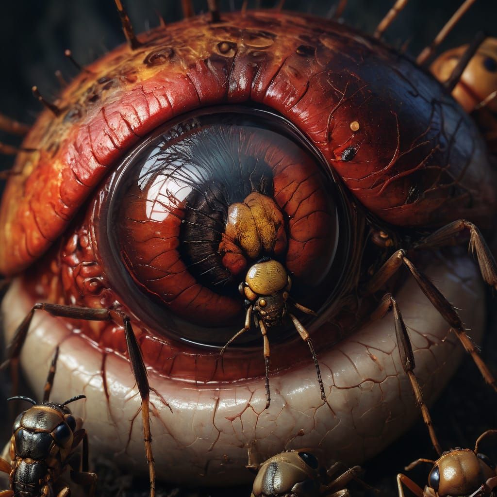 Surreal Eyeball with Insects, Oil Painting Style