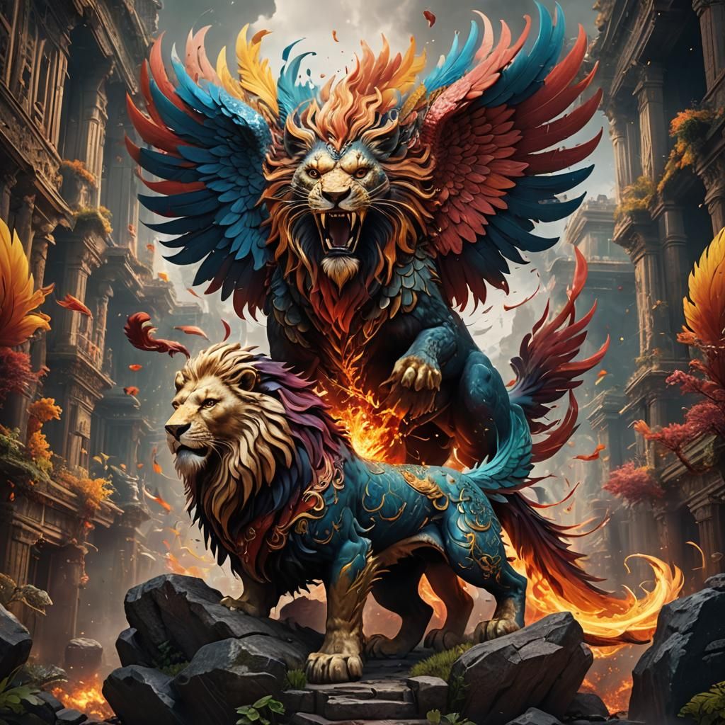 Lion and Phoenix Fusion in Detailed Matte Painting