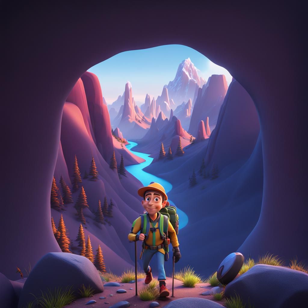 Hiker in Extreme Caricature Style, 3D Digital Art