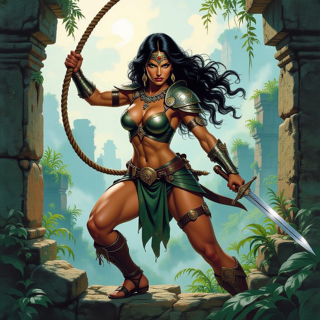 Amazon Goddess: Armor-clad Warrior in Jungle Ruins