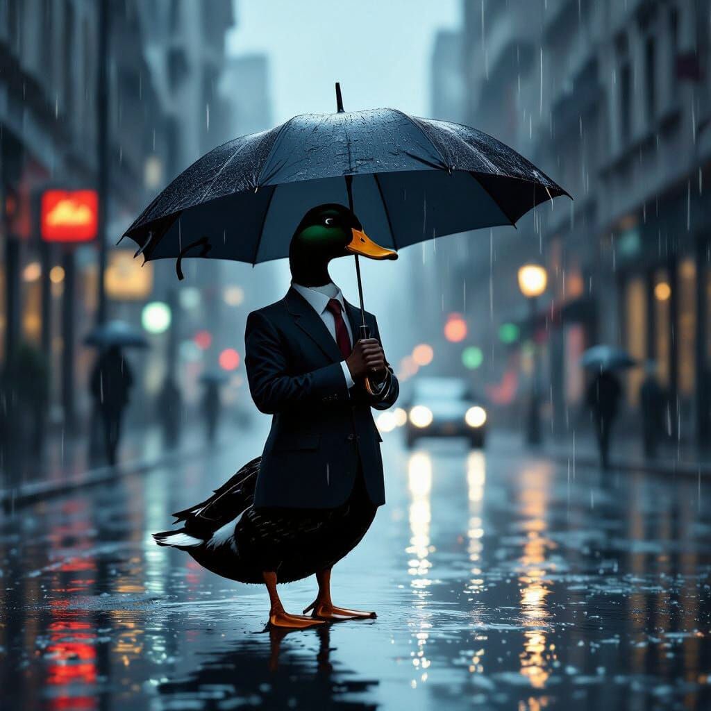 Duck in Suit on Rainy Street, Noir Style