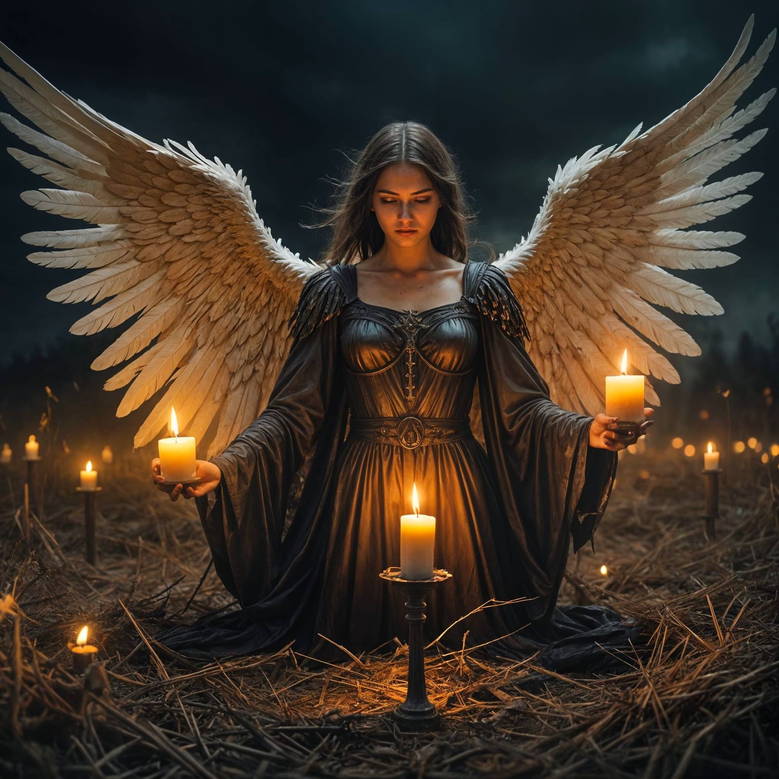 Angel of Death Weeps for Fallen Souls in War-Torn Landscape