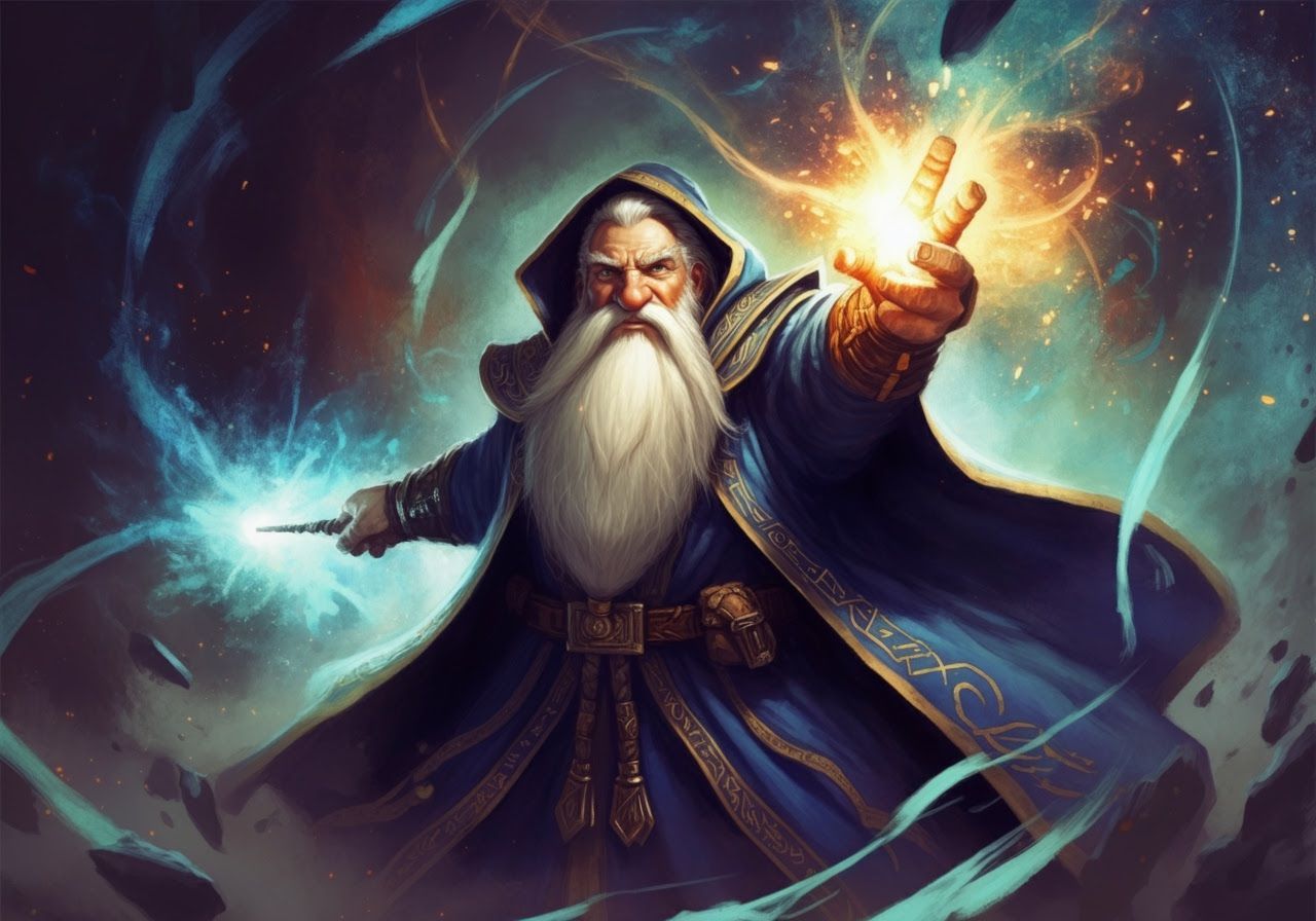 Dwarf Wizard Casting Spell in Digital Watercolor Style