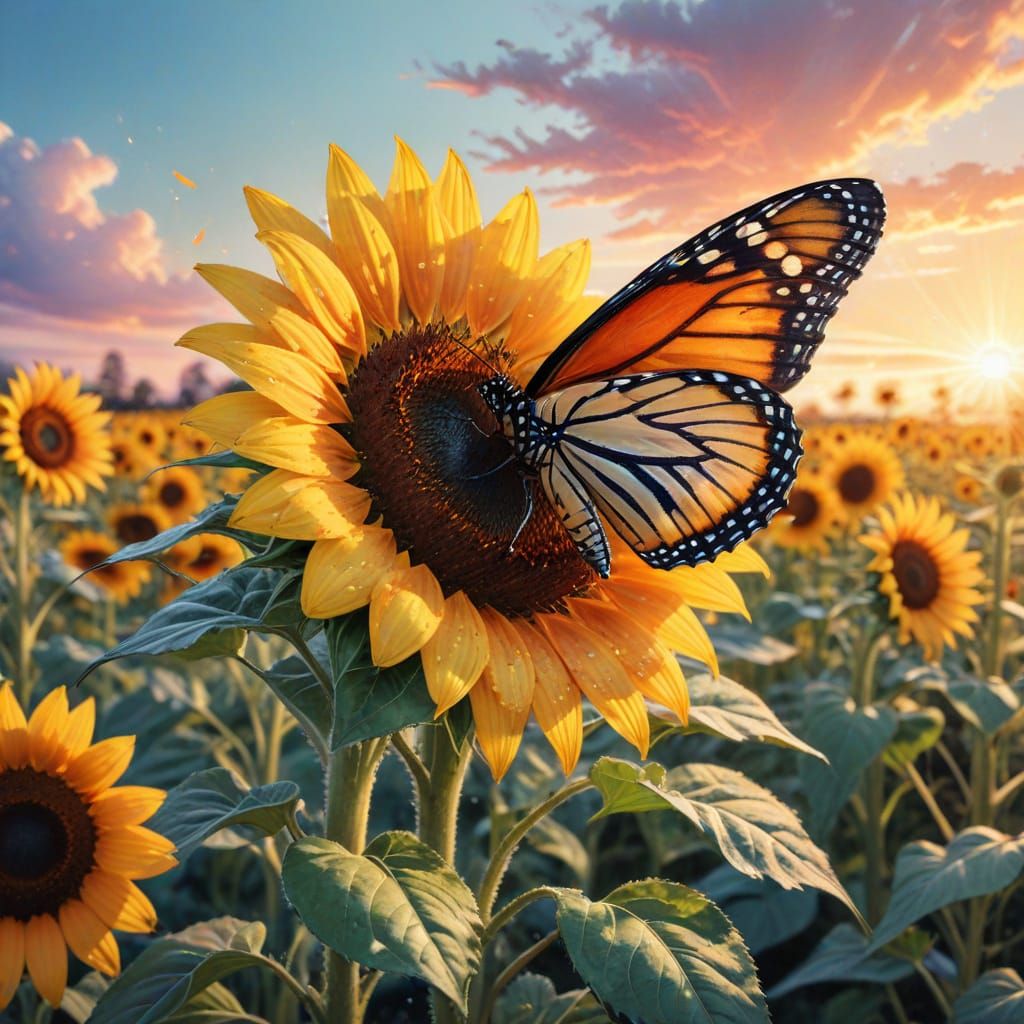 Surreal Monarch Butterfly Soars Above Sunflower Field in Vib...
