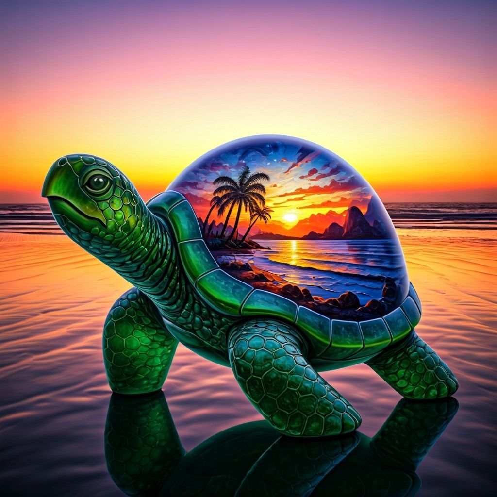 Green Glass Turtle Sculpture at Surreal Sunset