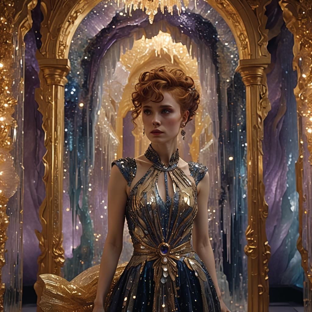 Woman in Crystal Dress in Lavish Ballroom