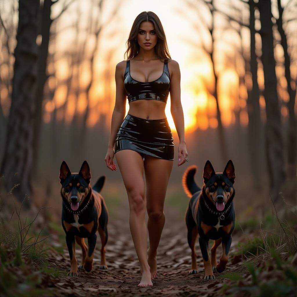 Brunette Walks in Dusk Forest with Dobermans