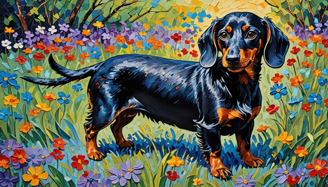 Impasto Painting of a black adult dashund. neo-impressionism...