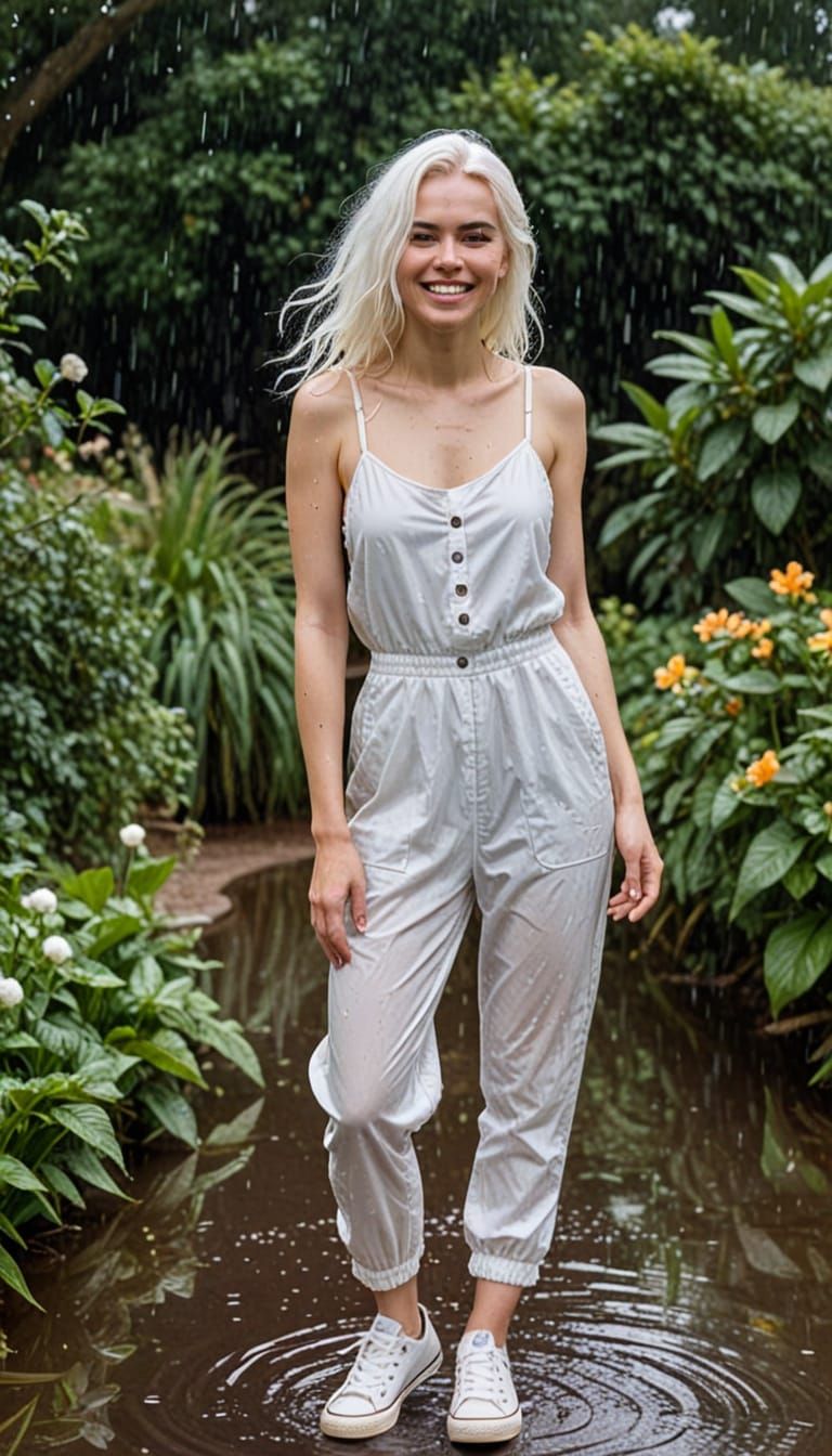 Radiant Woman in Rain-Soaked Jumpsuit