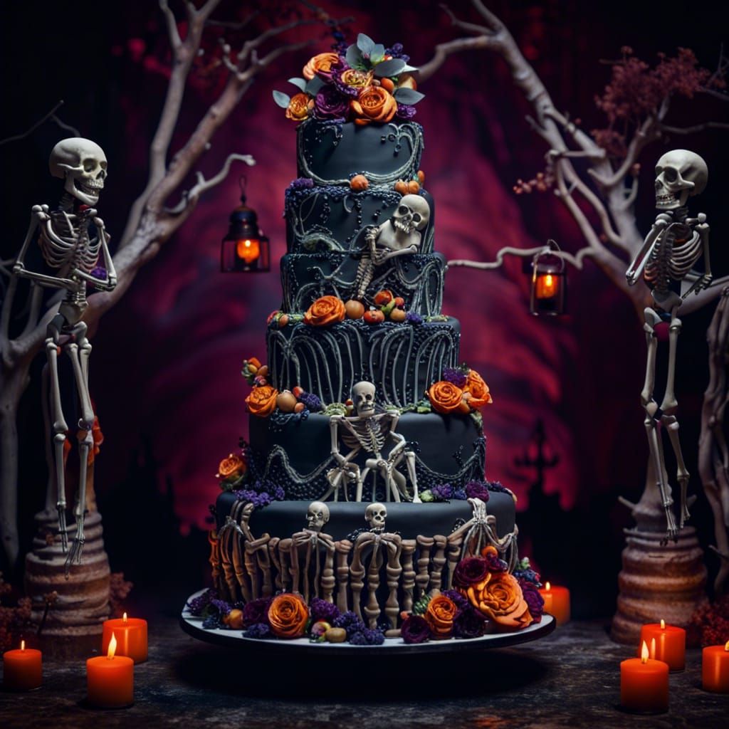 Halloween Wedding Cake with Skeleton Bride and Groom