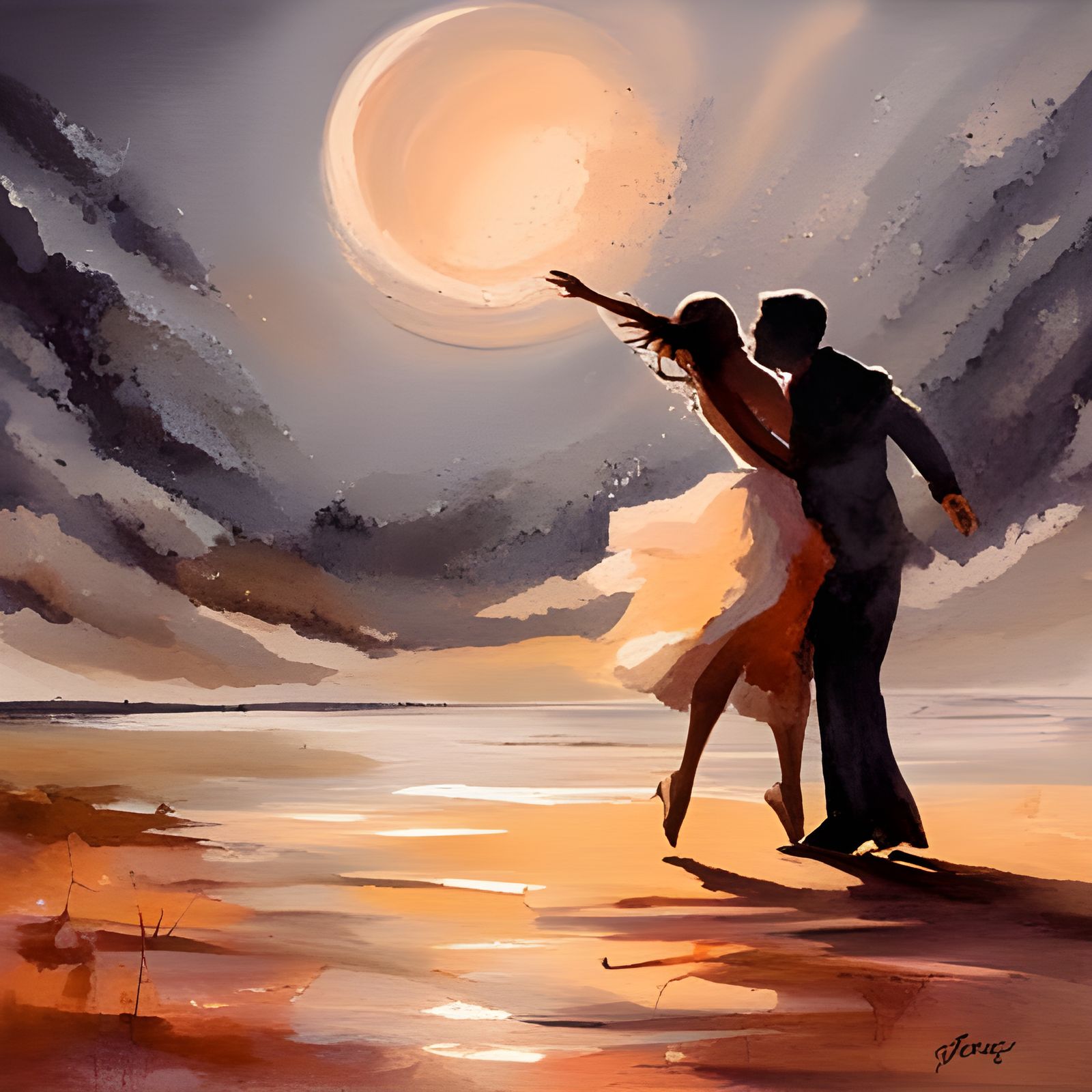 Couple Dancing in Moonlight: Splash Art Watercolor