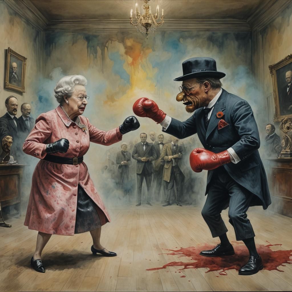 Roosevelt and Queen Boxing: Gouache Impressionist Masterpiec...