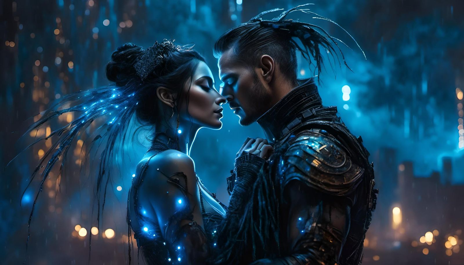 Futuristic Cyborg Kiss in Dystopian Cityscape