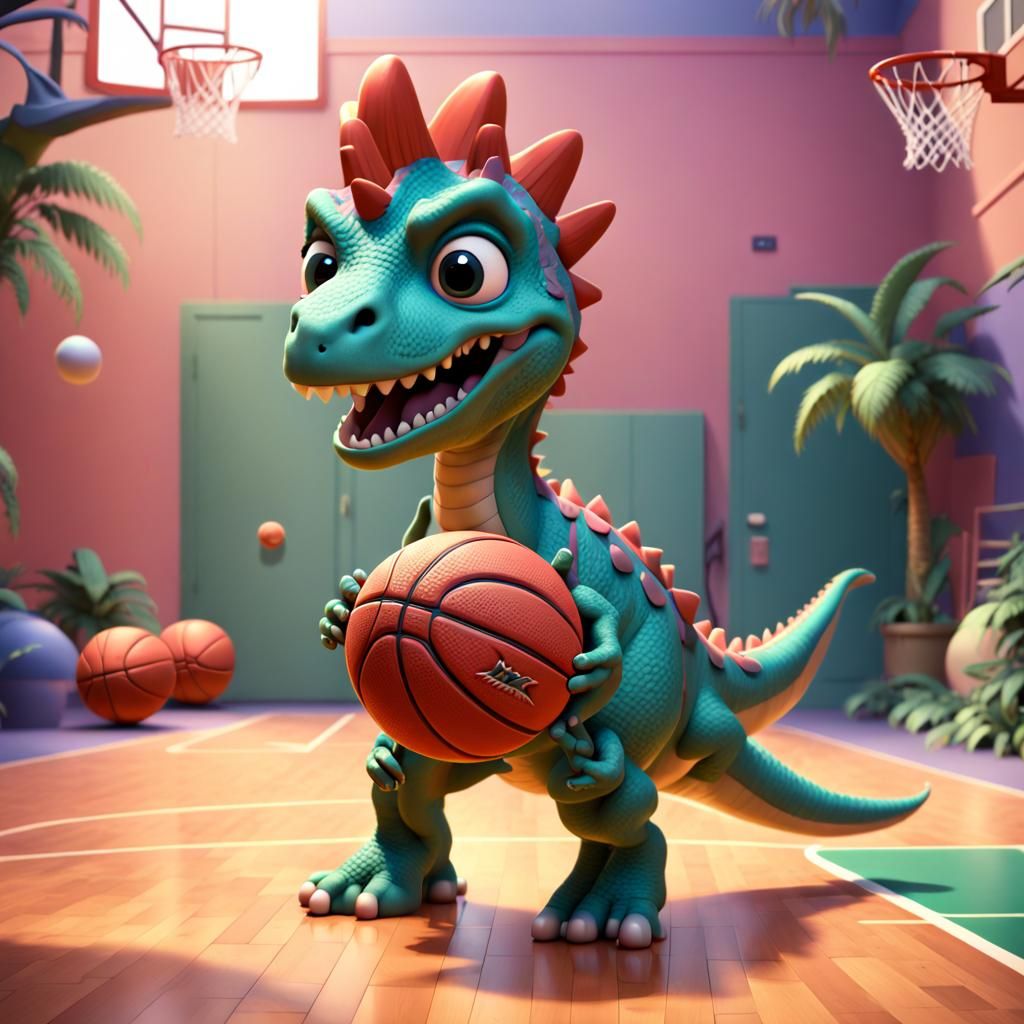 Cute Dinosaur Playing Basketball in Pixar Style