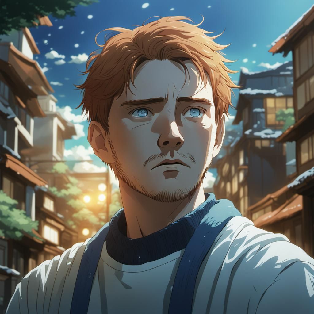 Sad Man in Studio Ghibli Anime Style