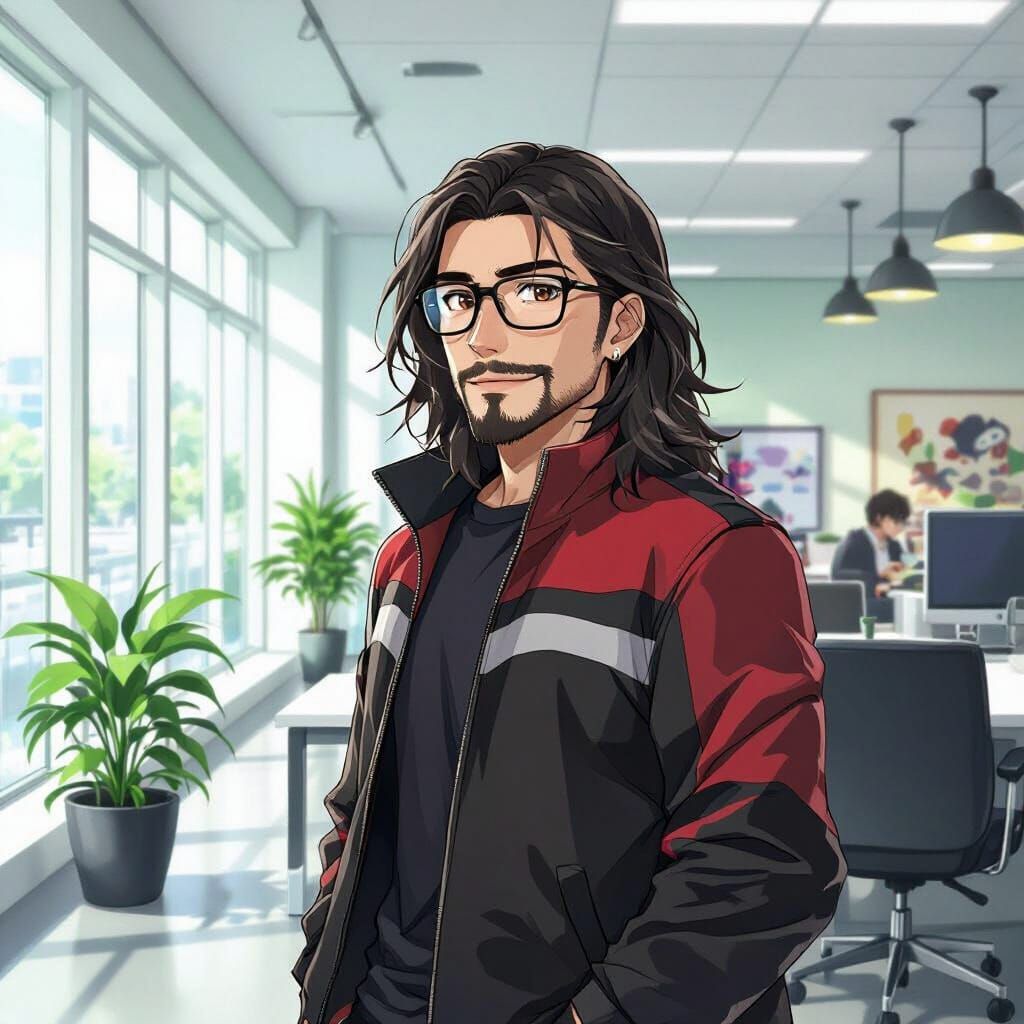Anime Man with Long Hair, Beard, Glasses, and Red-Black Jack...