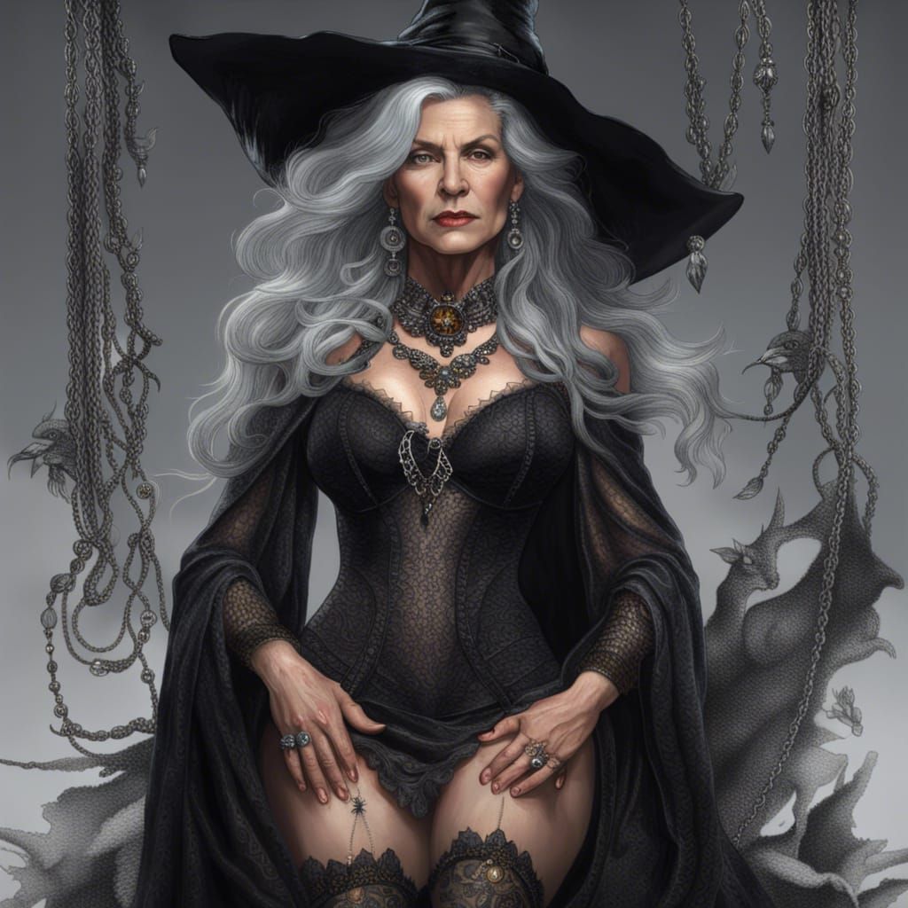 Enchanting Witch in Lace Dress, Hyperrealistic Art