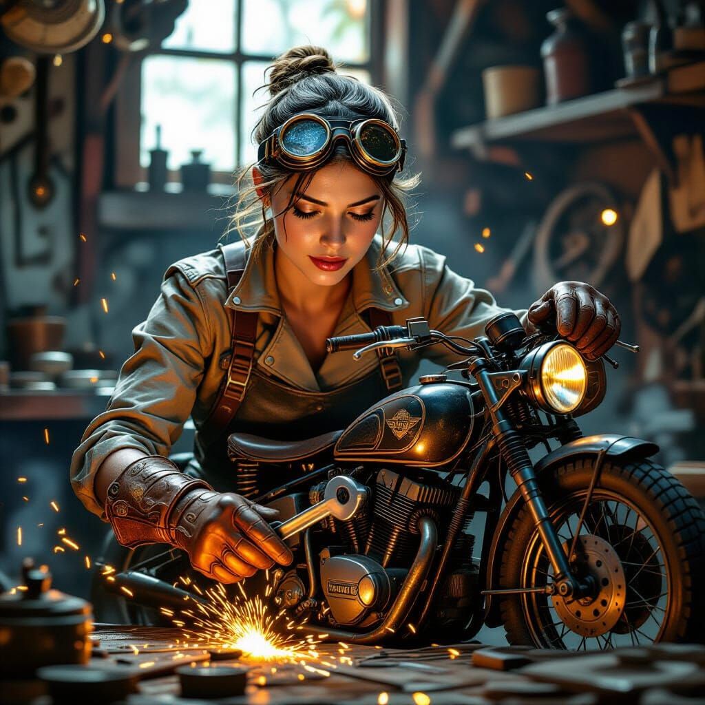 Steampunk Mechanic Repairs Motorcycle in Rustic Workshop