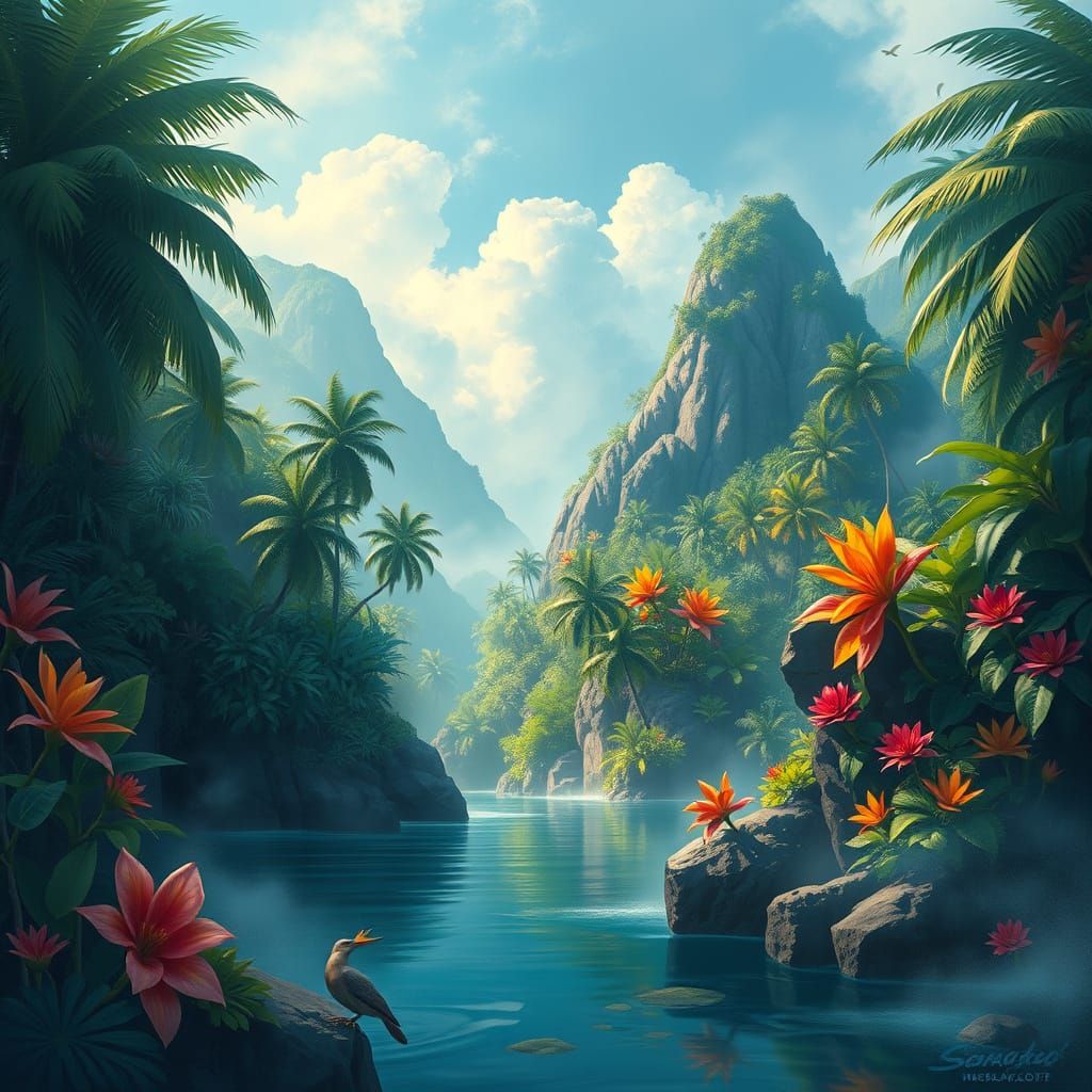 Ethereal Tropical Oasis in Vibrant Gouache