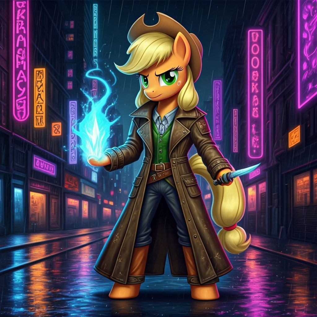 Applejack as Ice Mage Desperado in Cyberpunk Cityscape