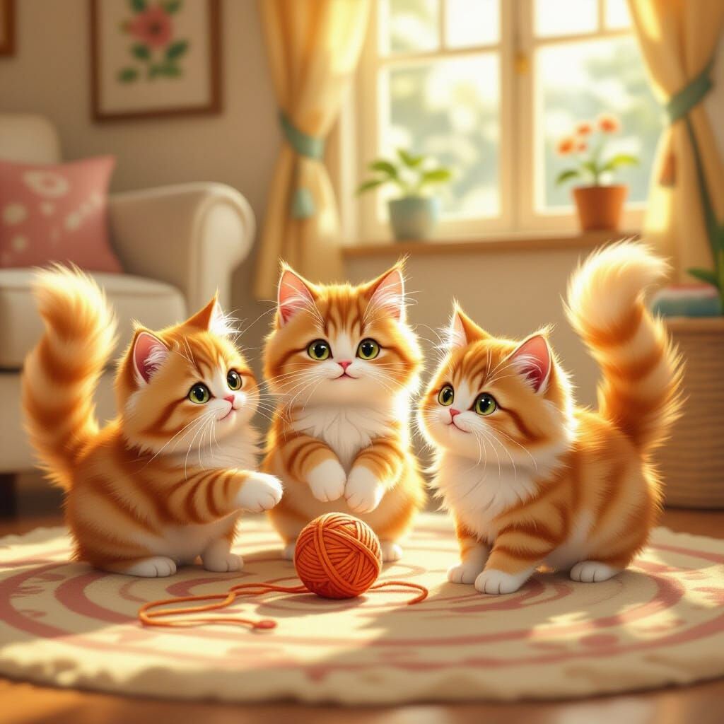 Whimsical Digital Painting of Cats Chasing Yarn